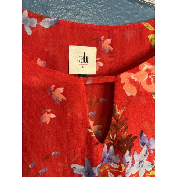 Cabi Red Floral Blouse Size L Keyhole Neckline Long Bell Sleeves - Picture 2 of 6